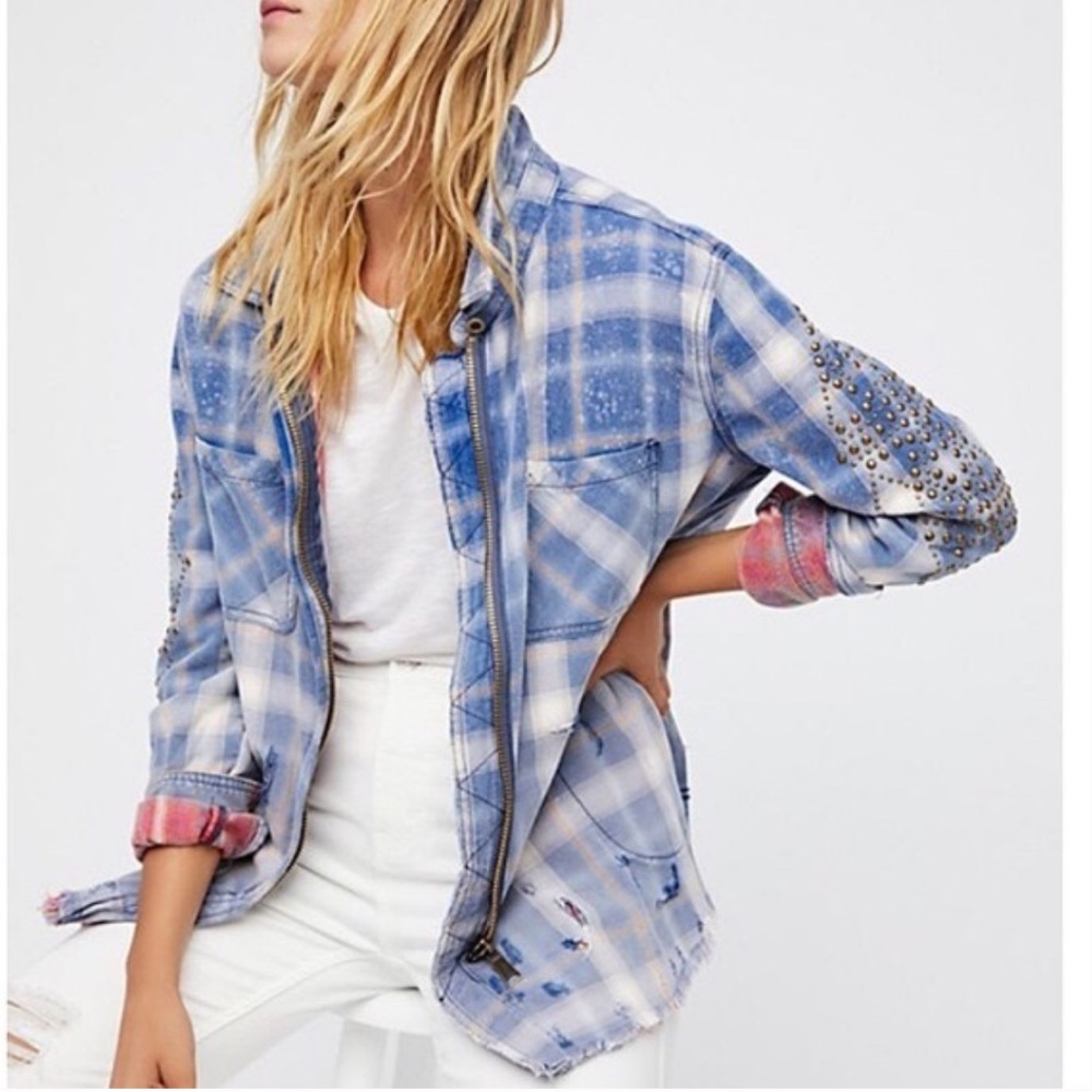 Free People Deconstructed Shirt Jacket‎ blue full zip plaid cotton size M NWT